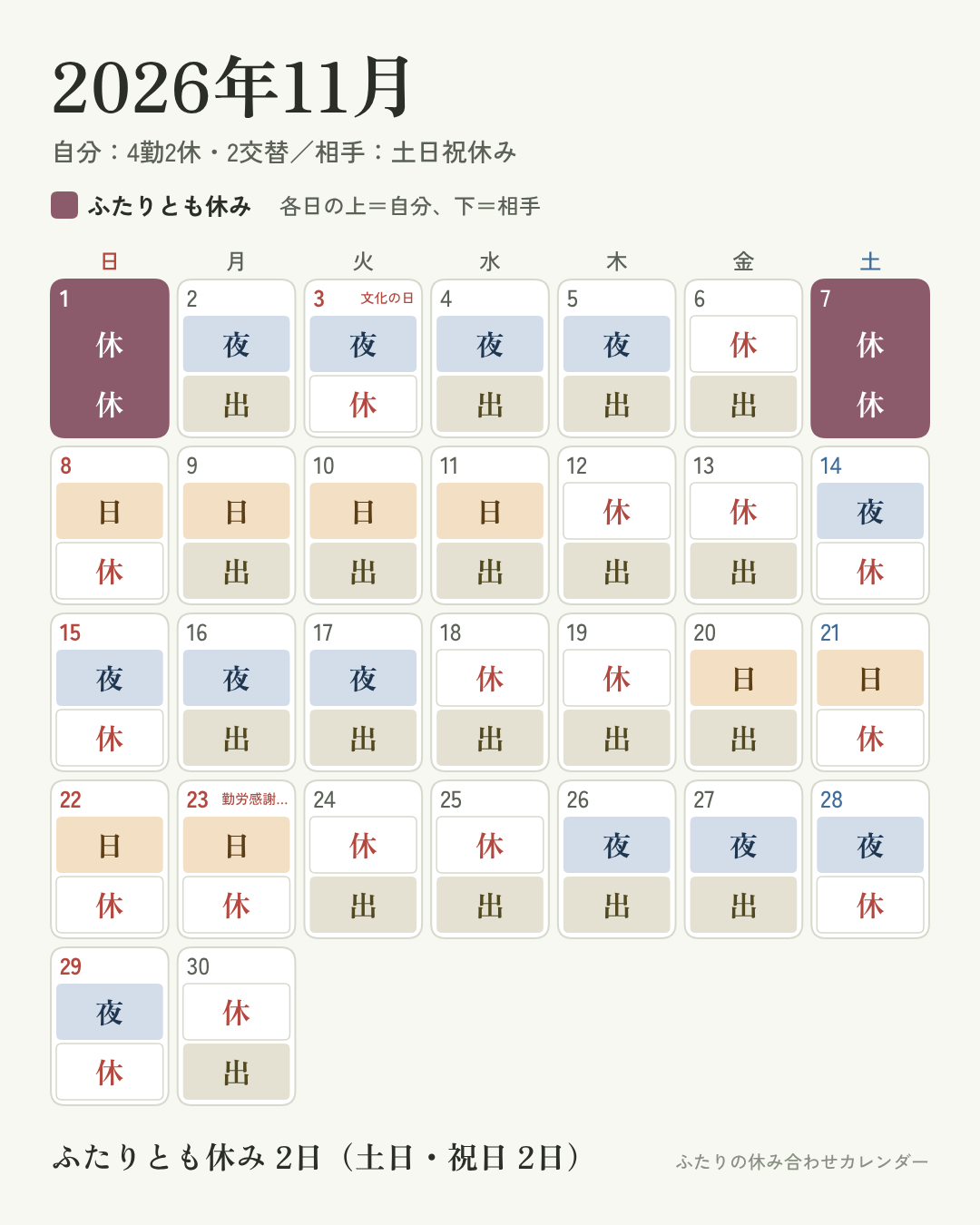 ふたりの休み合わせカレンダーの完全版で作った、2026年11月・4勤2休2交替と土日祝休みのカレンダーの画像